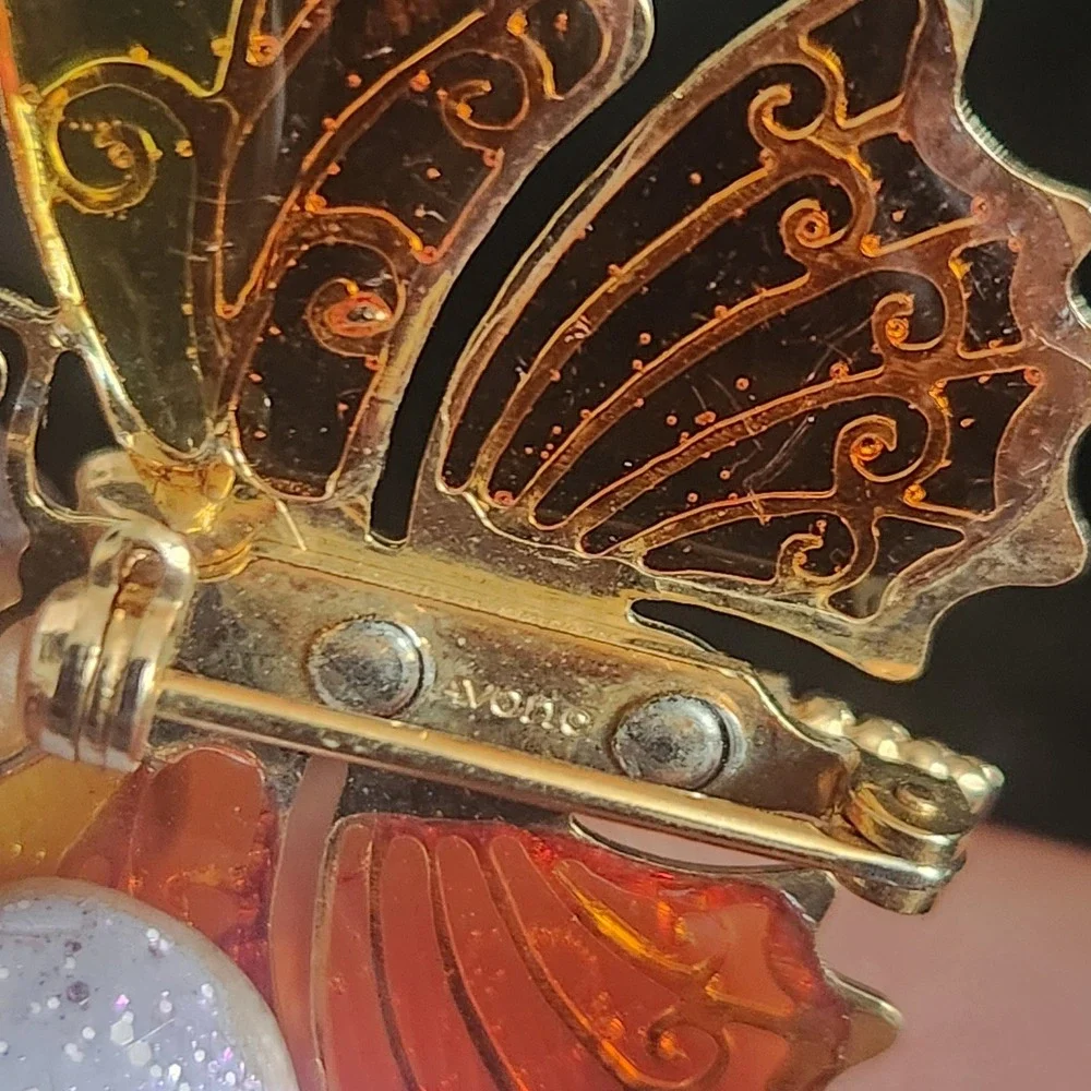 Avon Vintage Butterfly Brooch‎ Gold Tone Amber Yellow Stained Glass Enamel Pin